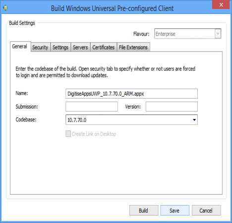 Picture showing an example of the Build ... Pre-configured Client dialog box.